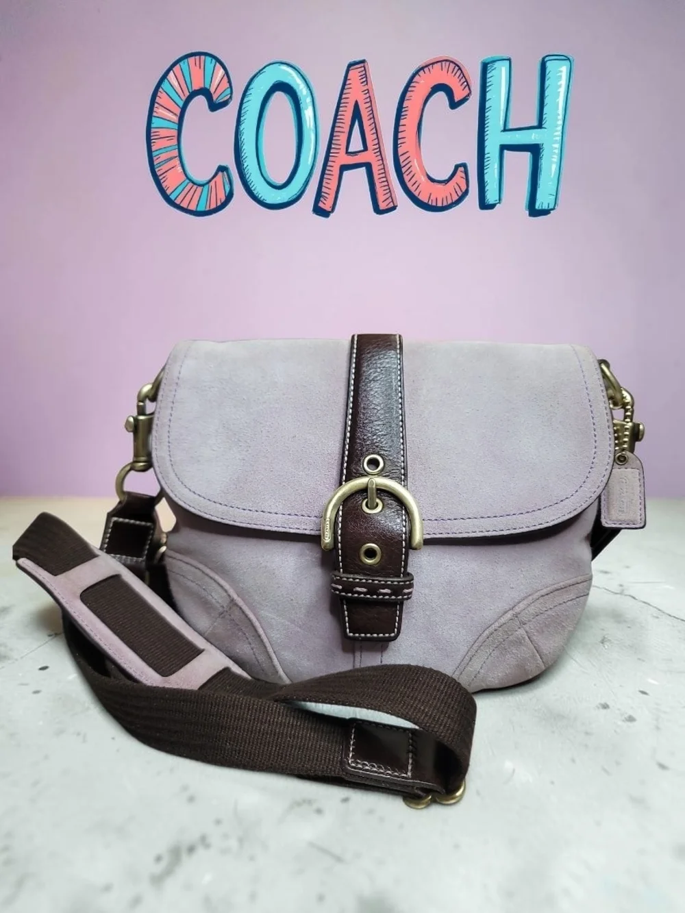 COACH VTG Lilac Soho Suede Flap Crossbody Bag with Brown Leather Trim 2004